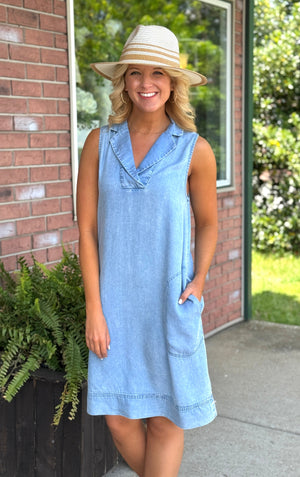 Chambray Collared Dress with Pockets