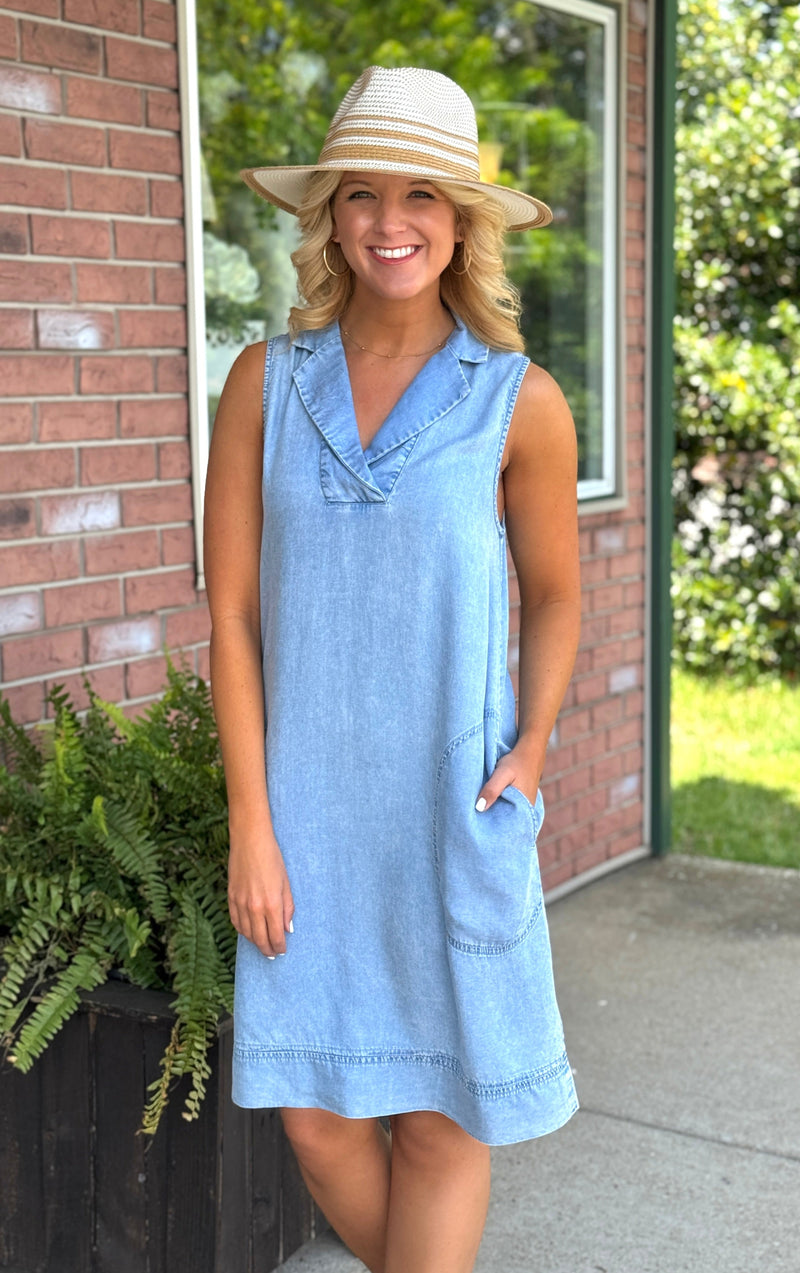 Chambray Collared Dress with Pockets