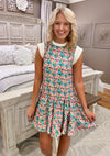 Floral Sleeveless Dress with Contrast Sleeve and Neckline