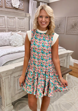 Floral Sleeveless Dress with Contrast Sleeve and Neckline