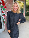 Black Floral Textured Dress with Puff Sleeves