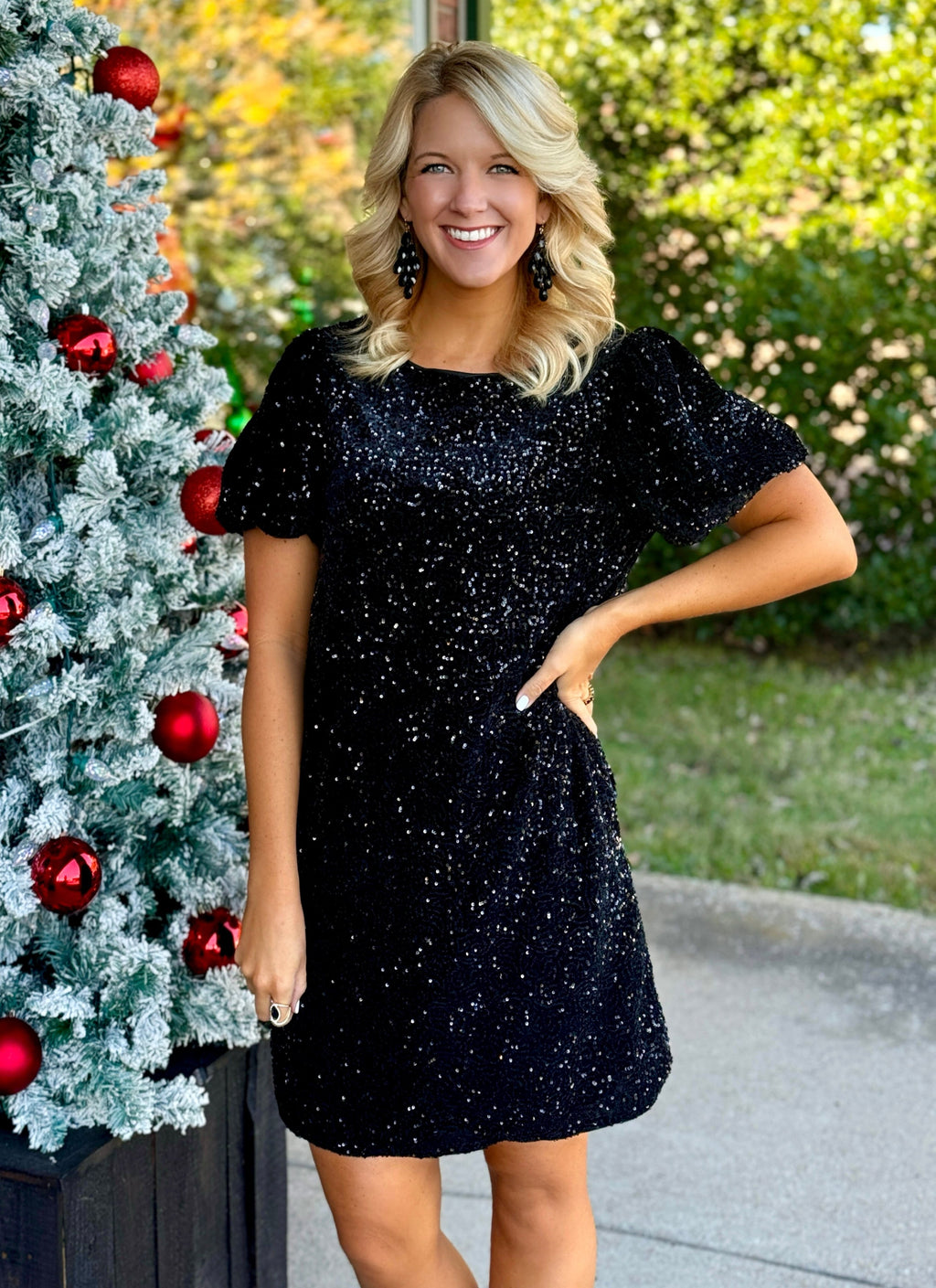 Black Bubble Sleeve Sequin Dress