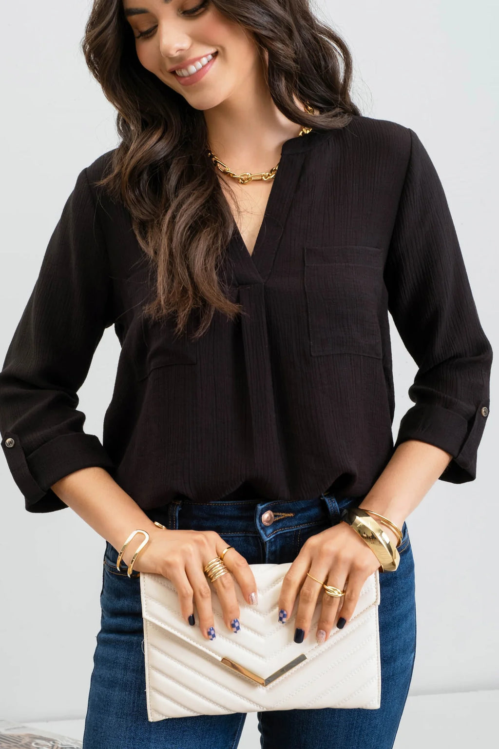 Black Double Chest Pocket Top with Button Details