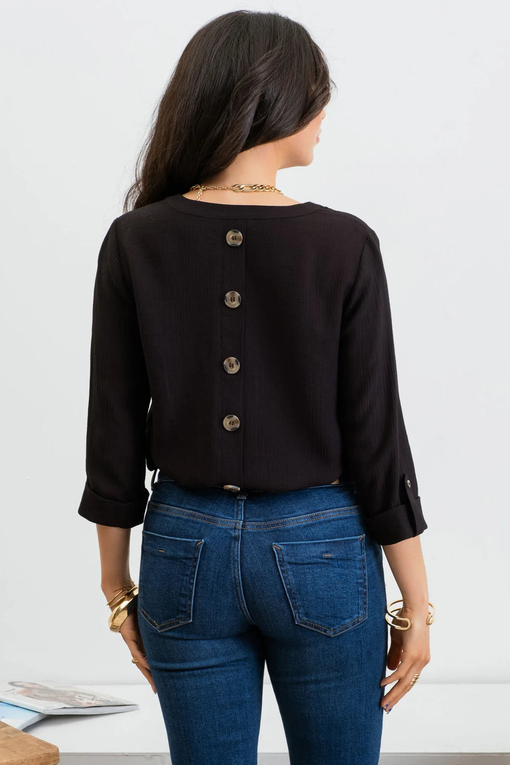 Black Double Chest Pocket Top with Button Details