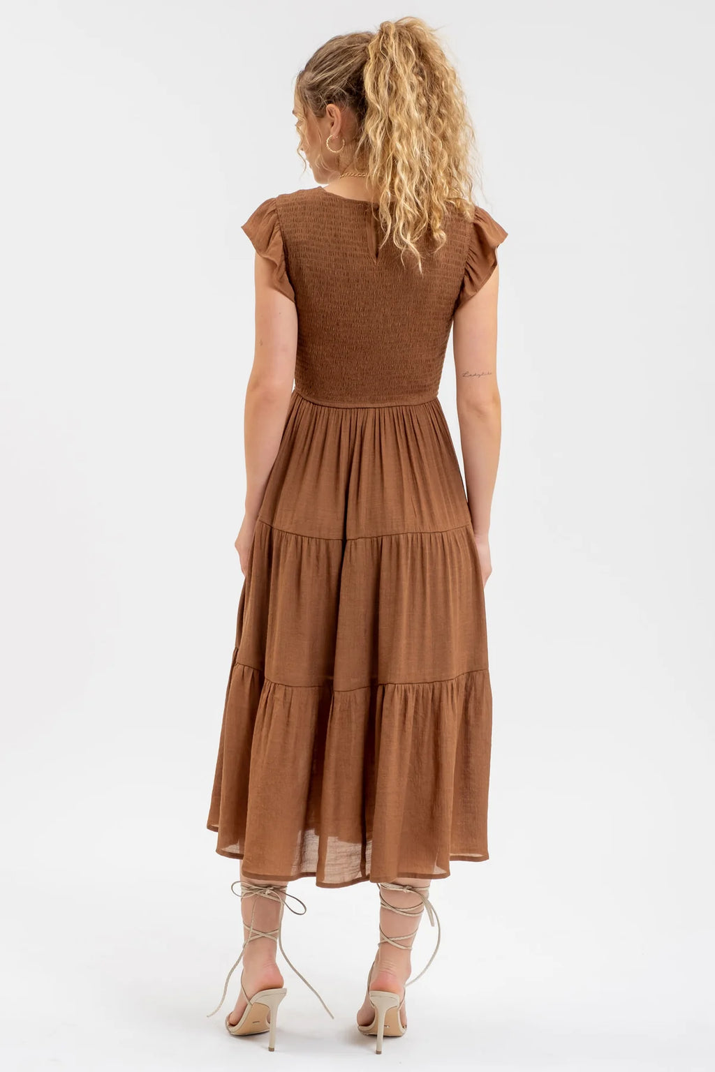 Brown Smocked Tiered Ruffle Dress