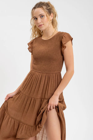 Brown Smocked Tiered Ruffle Dress