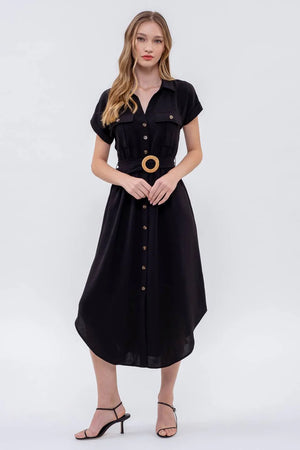 Black Collared Button Down Dress with Belt