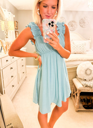 Light Teal Ruched Sleeve Mini Dress