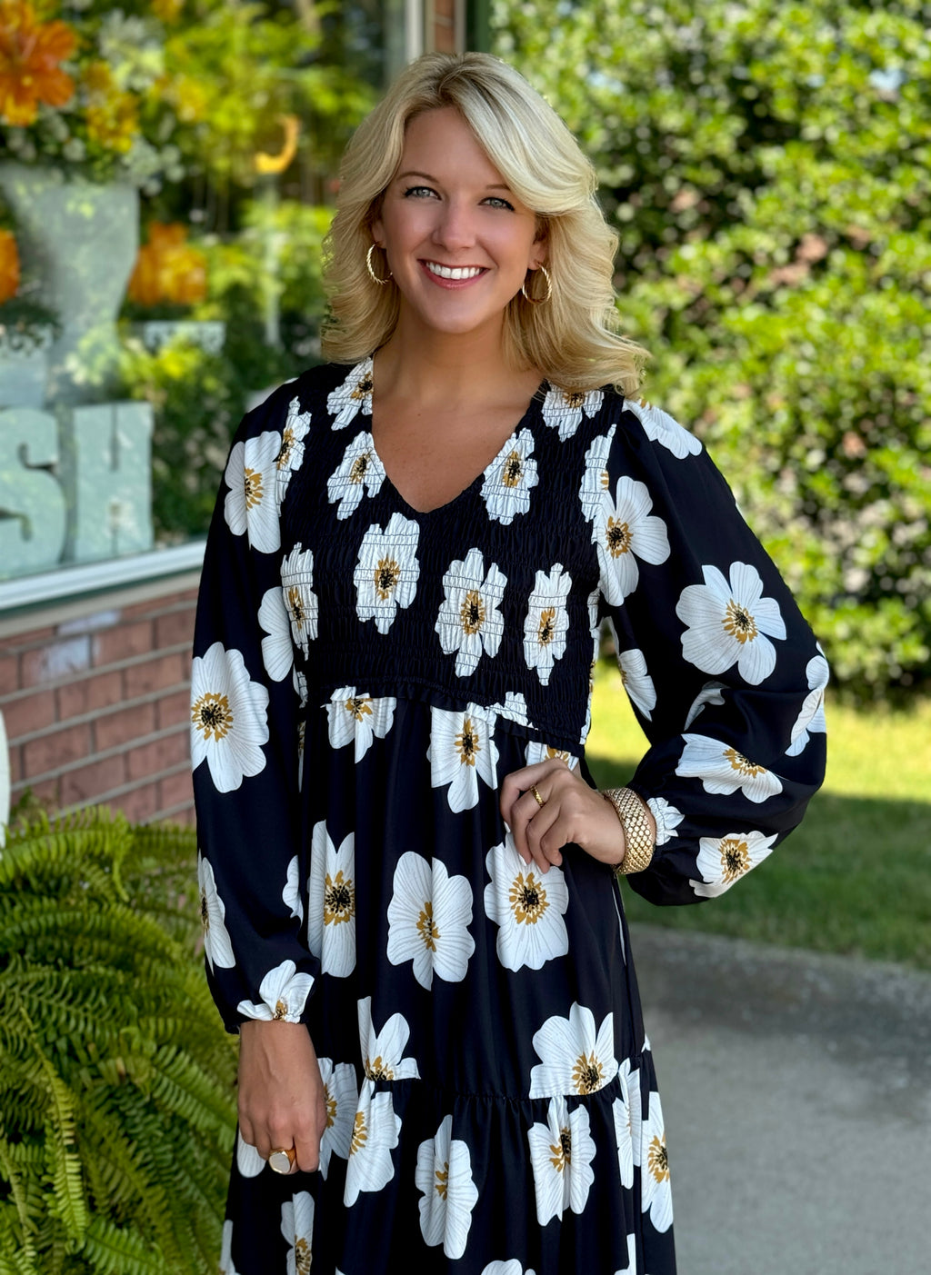 Black Floral Midi Dress with Smocking Detail