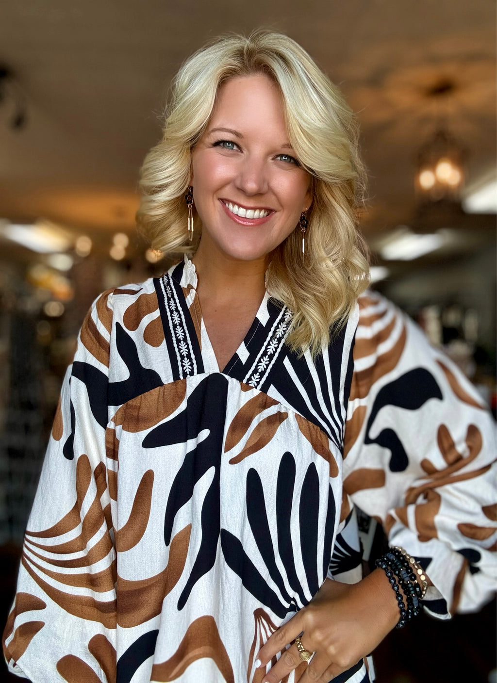 Brown & Black Mix Printed Top with Neckline Details