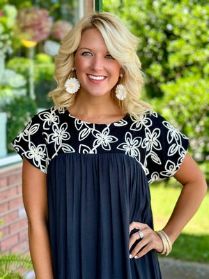 Black Maxi Dress with Embroidered Neckline & Open Back