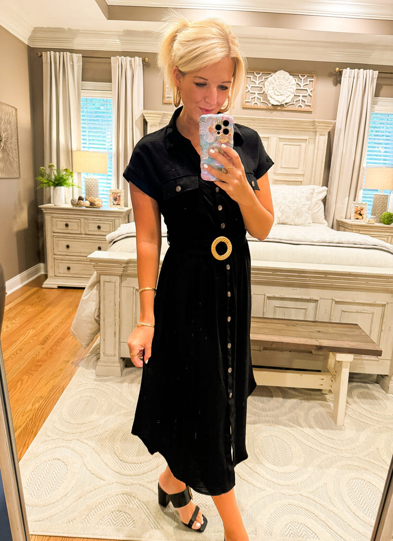 Black Collared Button Down Dress with Belt