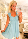 Light Teal Ruched Sleeve Mini Dress