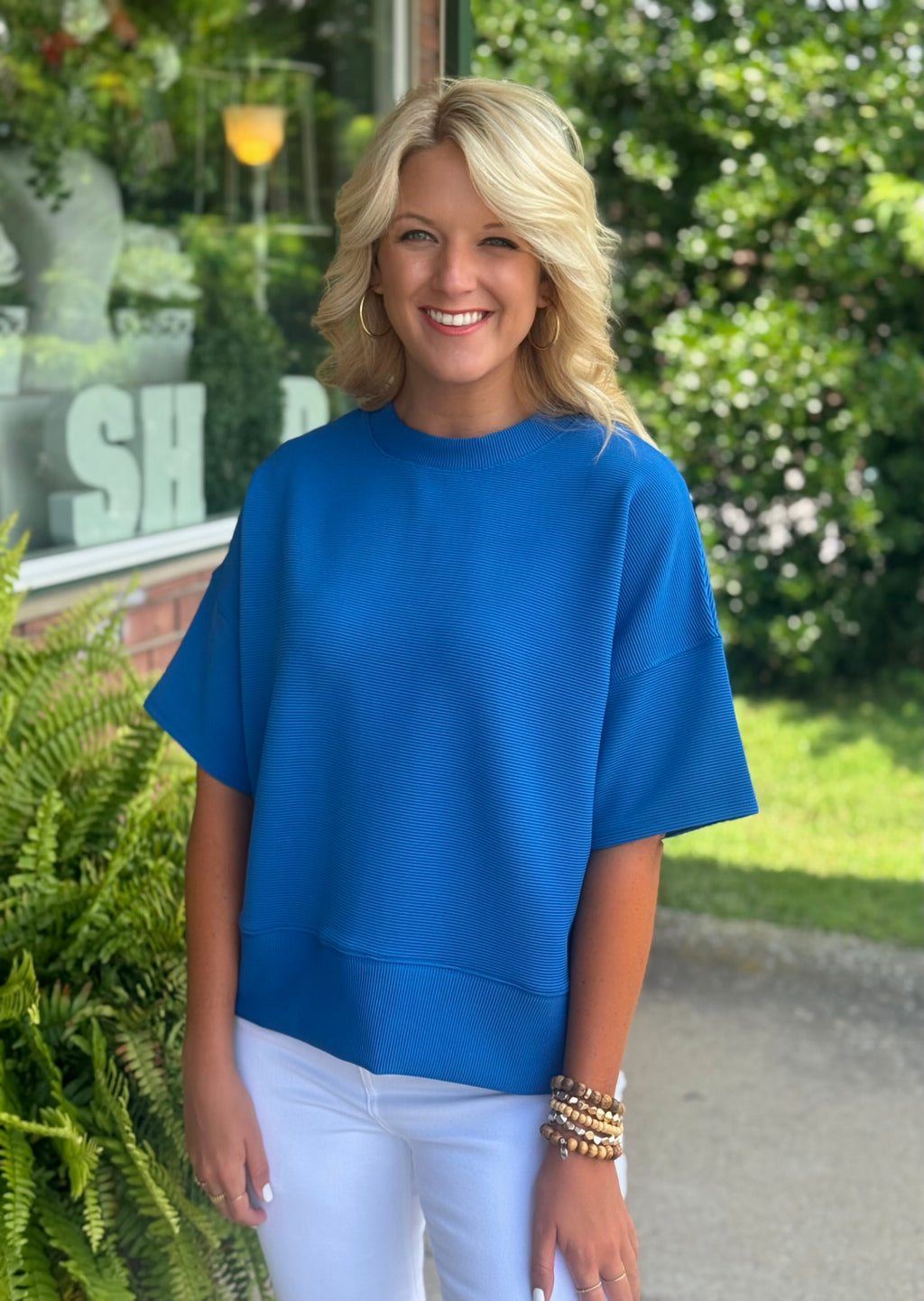 Blue Ribbed Top with Band Bottom Detail