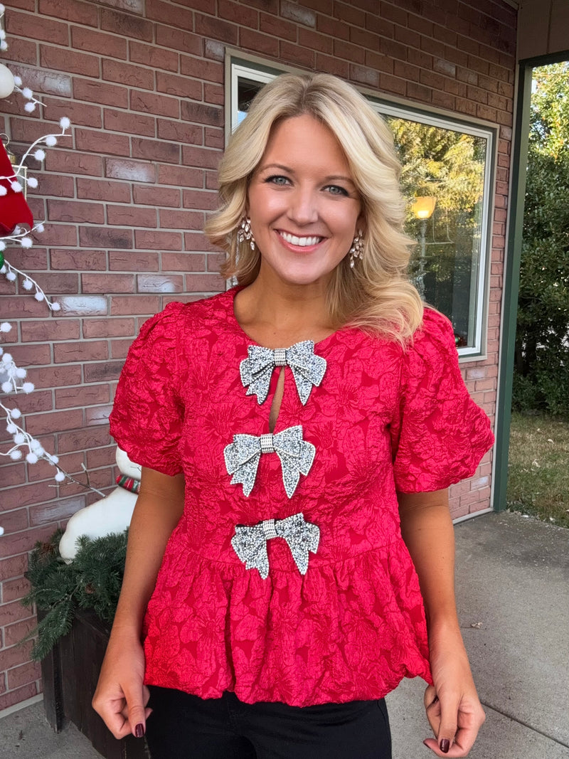 Red Jacquard Rhinestone Bow Top