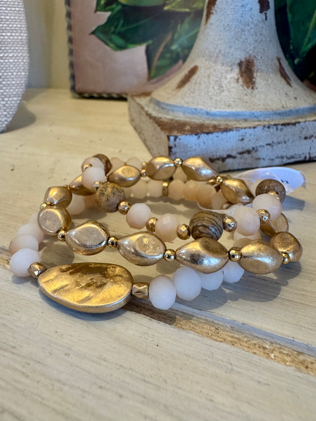 Natural & Gold Beaded Bracelet Set