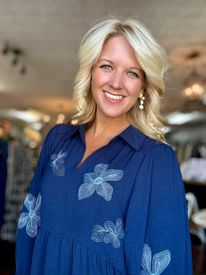 Navy Midi Dress with Blue Flower Embroidery Detail