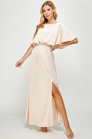 Cream Velvet Maxi Dress with Side Slit