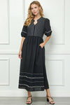 Black Midi Dress with White Embroidery Details