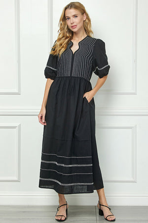 Black Midi Dress with White Embroidery Details