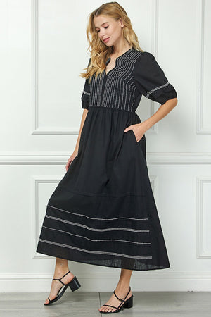 Black Midi Dress with White Embroidery Details