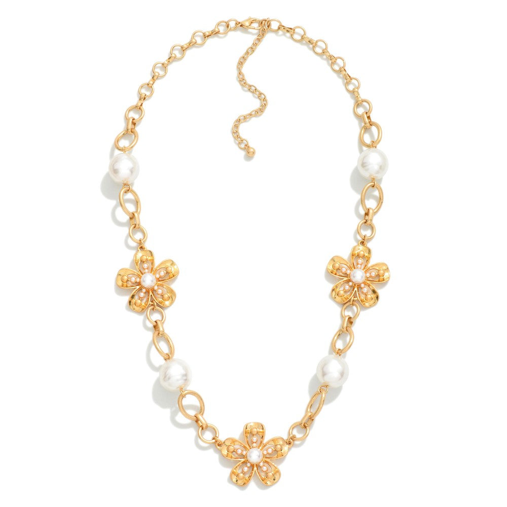 Metal Chain Link Necklace Featuring Metal Flower and Pearl Stations