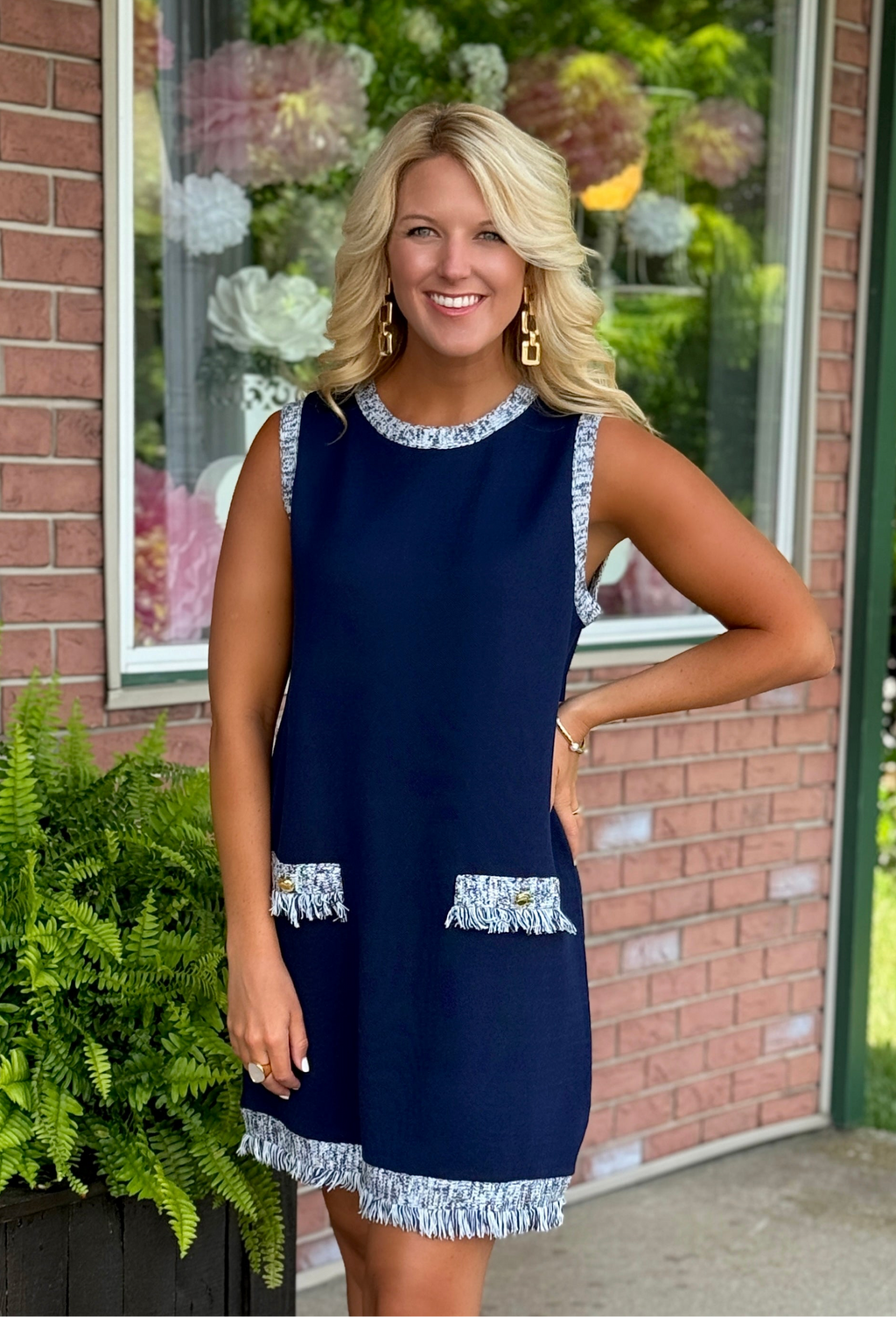 Navy Shift Dress with Mingle Frayed Details