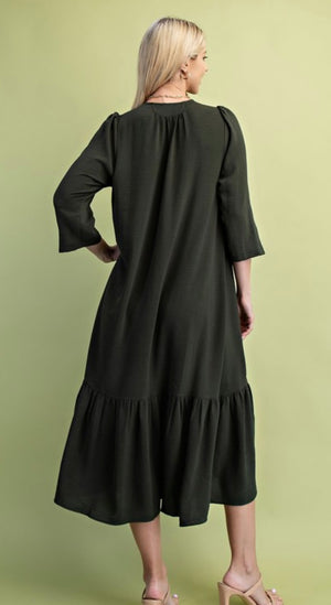 Olive Midi Dress with Ruffle Bottom