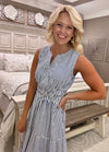 Blue Stripe Woven Midi Dress with Cinch Waist Detail