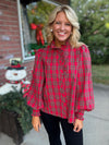 Red Plaid Button Down Top with Ruffle Details