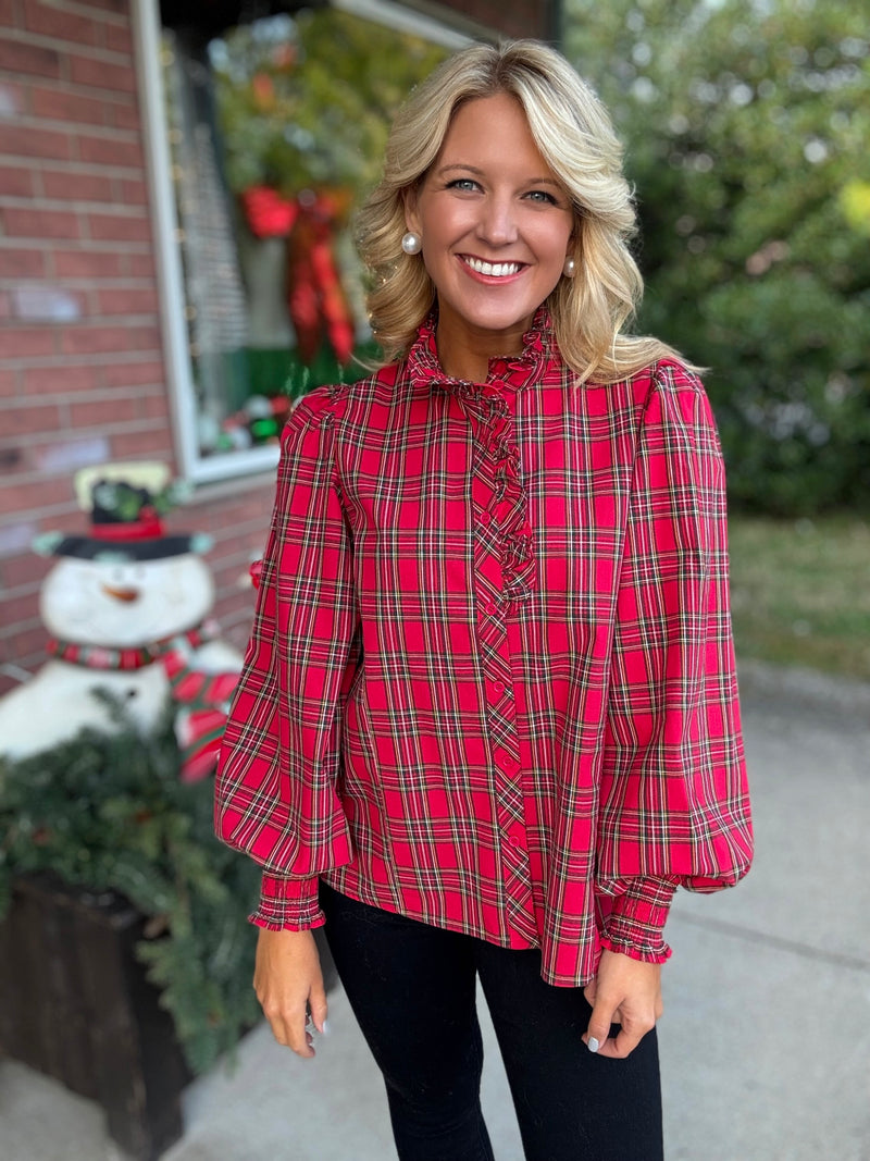 Red Plaid Button Down Top with Ruffle Details