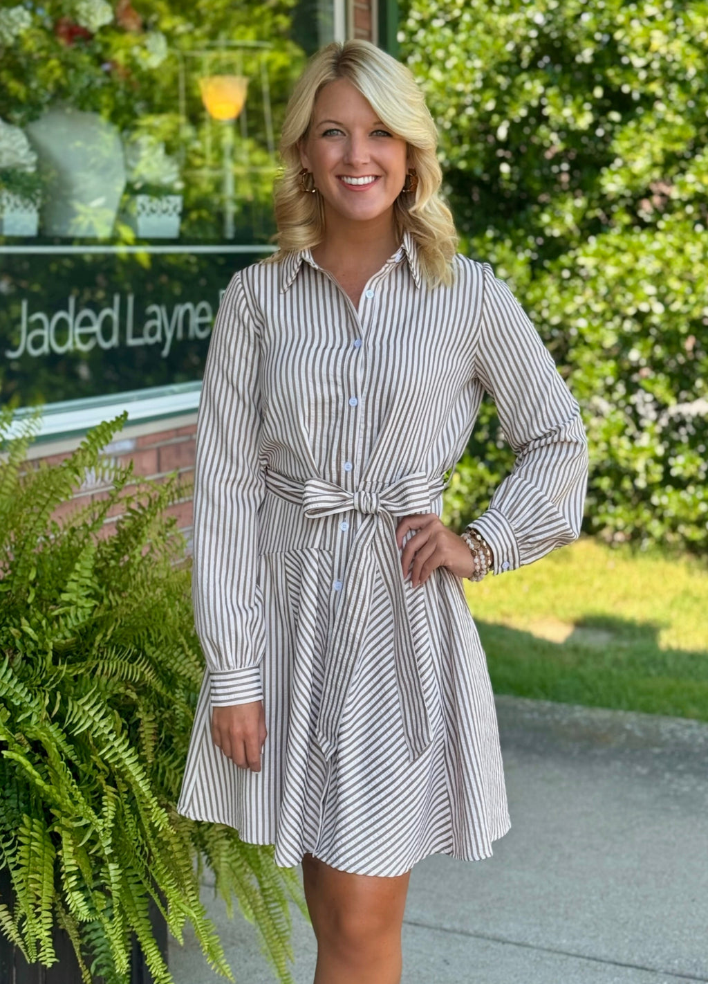 Brown Stripe Button Down Dress with Waist Tie