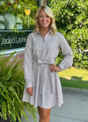 Brown Stripe Button Down Dress with Waist Tie