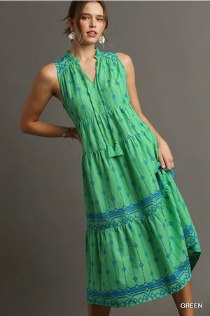 Green Embroidered Midi Dress with Tassel Detail