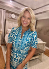 Turquoise Printed Woven Dress with Ruffle Details