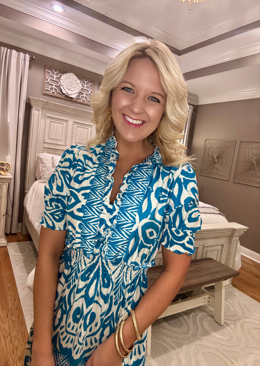 Turquoise Printed Woven Dress with Ruffle Details