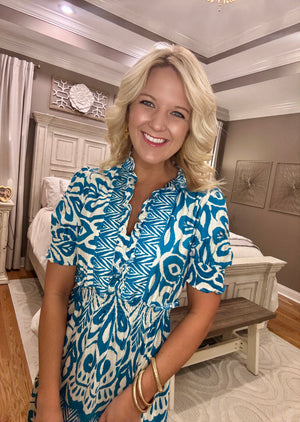 Turquoise Printed Woven Dress with Ruffle Details