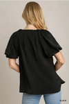 Pleated Black Top with Gold Neckline Detail