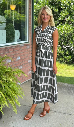 Abstract Print Sleeveless Midi Dress with Tie Waist Detail
