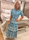 Turquoise Printed Woven Dress with Ruffle Details