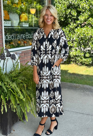 Black Abstract Printed Midi Dress