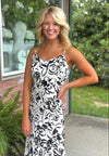 Black & White Floral Midi Dress with Ruffle Bottom