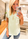 Light Sage Cuffed Short Sleeve Top with Pocket and Button Details