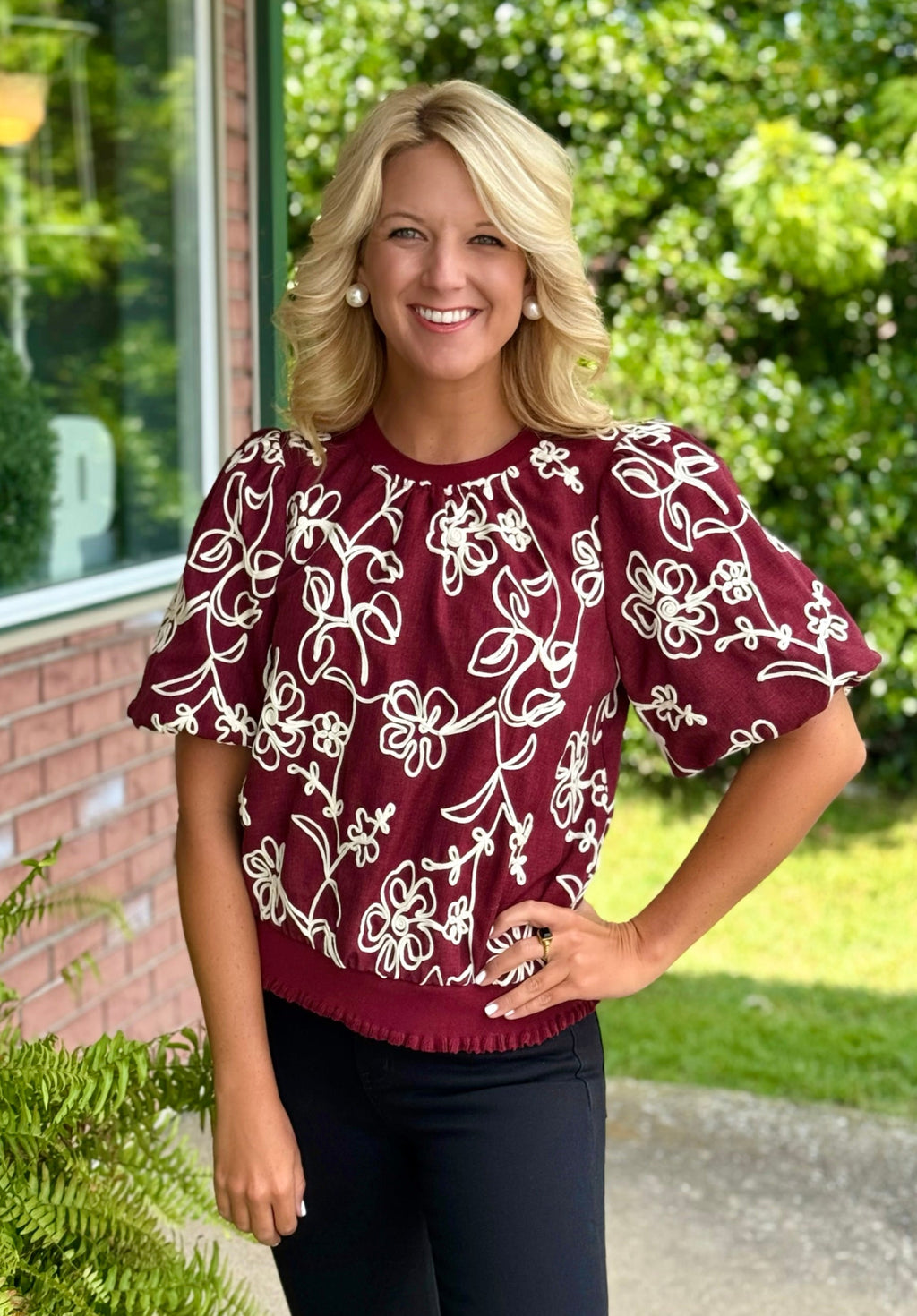 Burgundy Floral Embroidered Top