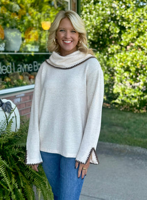 Ribbed Cowl Neck Sweater with Blanket Stitch Detail