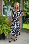 Black Printed Tiered Dress with Lace Trim Detail