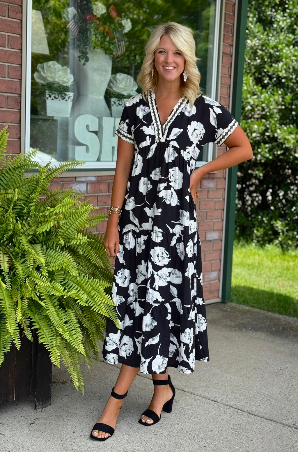 Black Printed Tiered Dress with Lace Trim Detail
