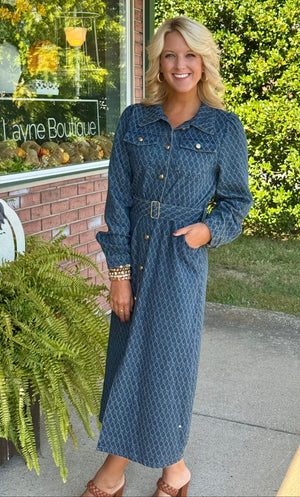 Textured Denim with Gold Button & Belt Details