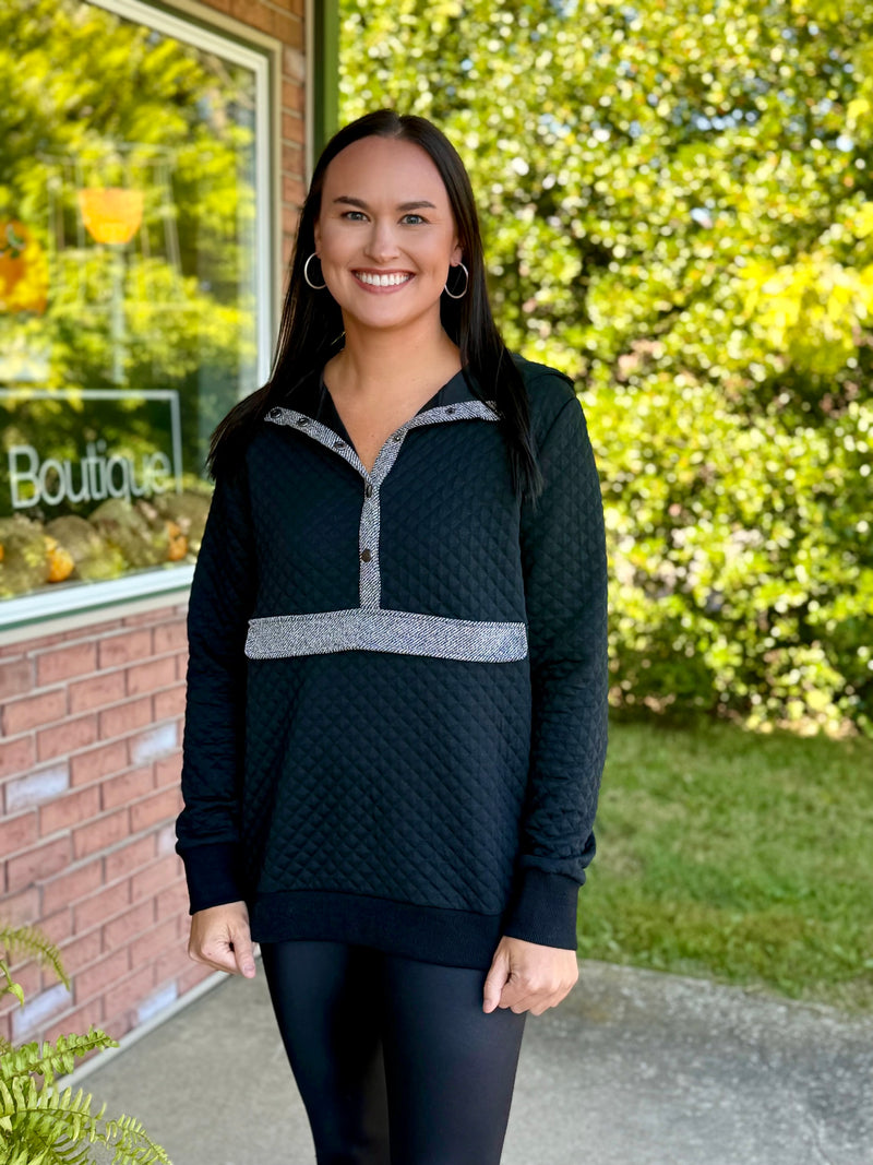 Black Quilted Hoodie Pullover with Contrast Detail