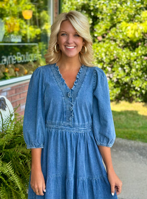 Denim Ruffle Dress with Neckline Detail